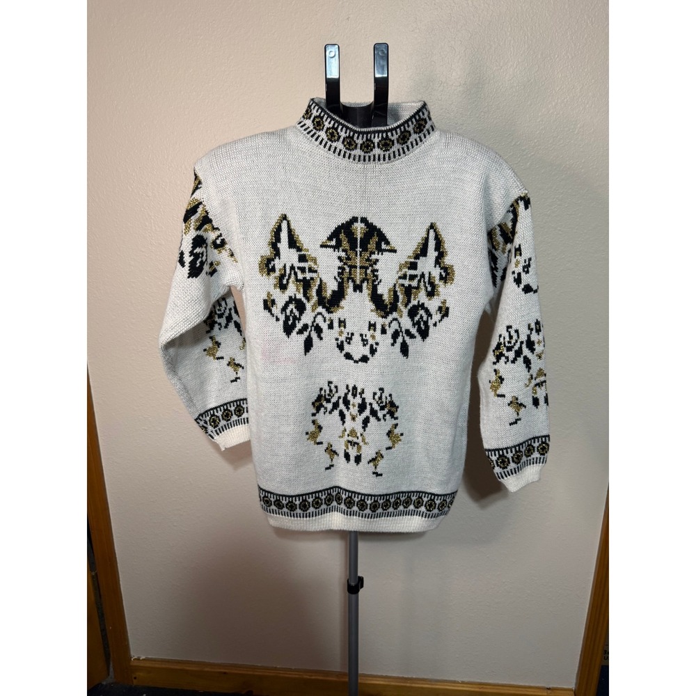 Vintage Bramble‎ Lane Metallic Gold Black Intarsia Mock Neck Sweater Womens M
